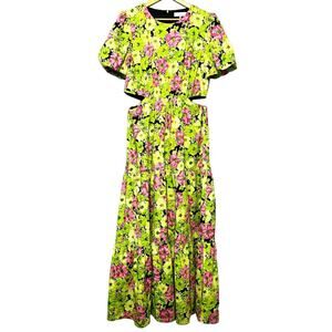 WAYF Dress Size XL Floral Short Sleeve Side Cutout Maxi Lime Fuschia